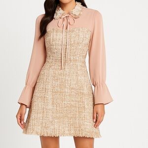 🩷 Pink and Beige Chiffon and Tweed Long Sleeve Dress with Tie Collar XS
